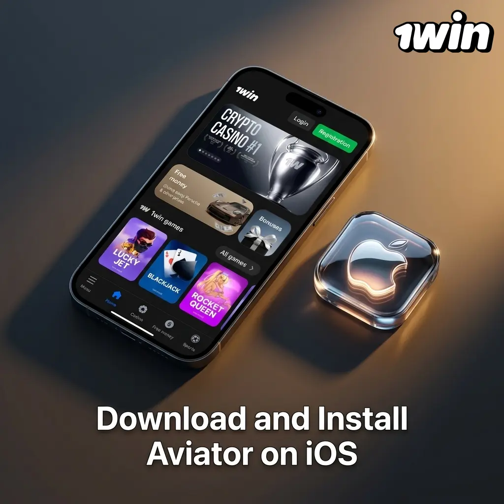 iPhone screen showing 1win app download from App Store with Aviator crash game setup steps for iOS 12.0 or later