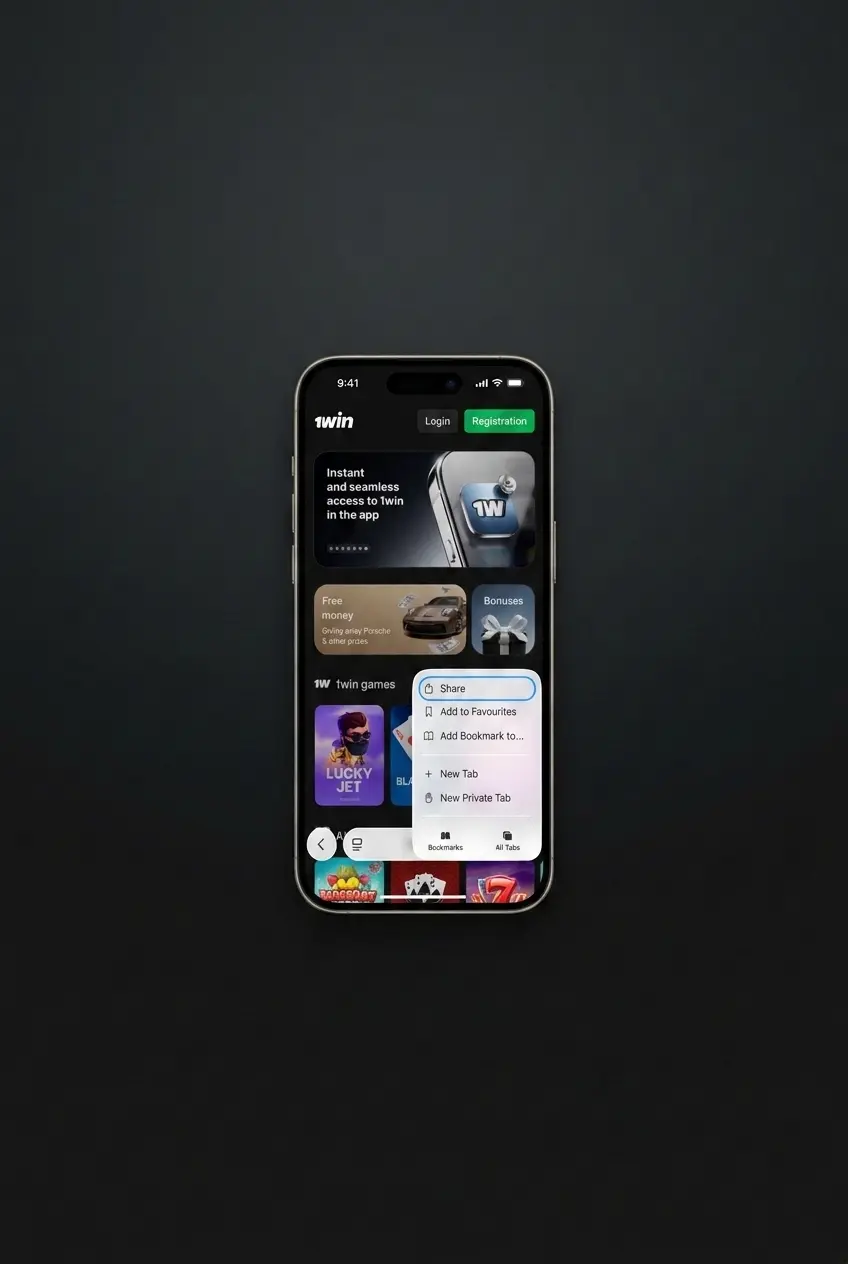 1win PWA running in Safari on iPhone, showing how to add the app to the iOS home screen