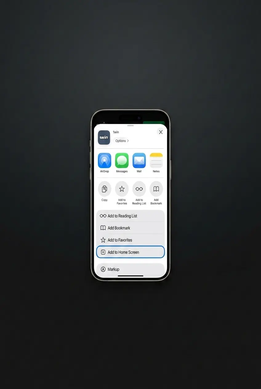 1win PWA for iOS running in Safari with Add to Home Screen setup steps for Canadian users
