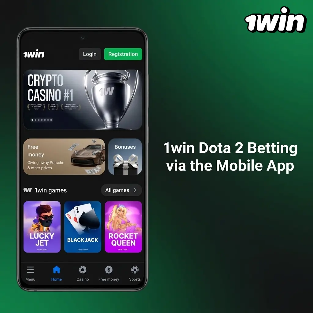 1win mobile app interface showing Dota 2 esports betting options for Android and iOS users in Canada
