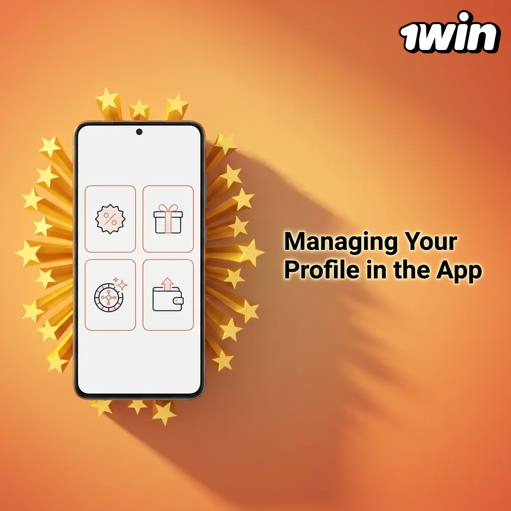 App profile screen showing balance, bonuses, transaction history, and responsible gambling settings accessible via account icon