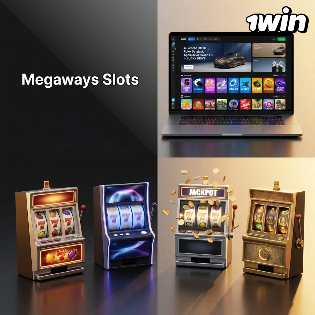 Megaways slots grid showing dynamic reels with cascading wins and up to 117,649 ways to win at 1win casino