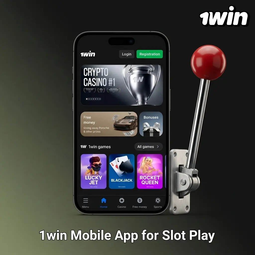 1win mobile app interface showing slot game library on Android and iOS with casino navigation and cashier access