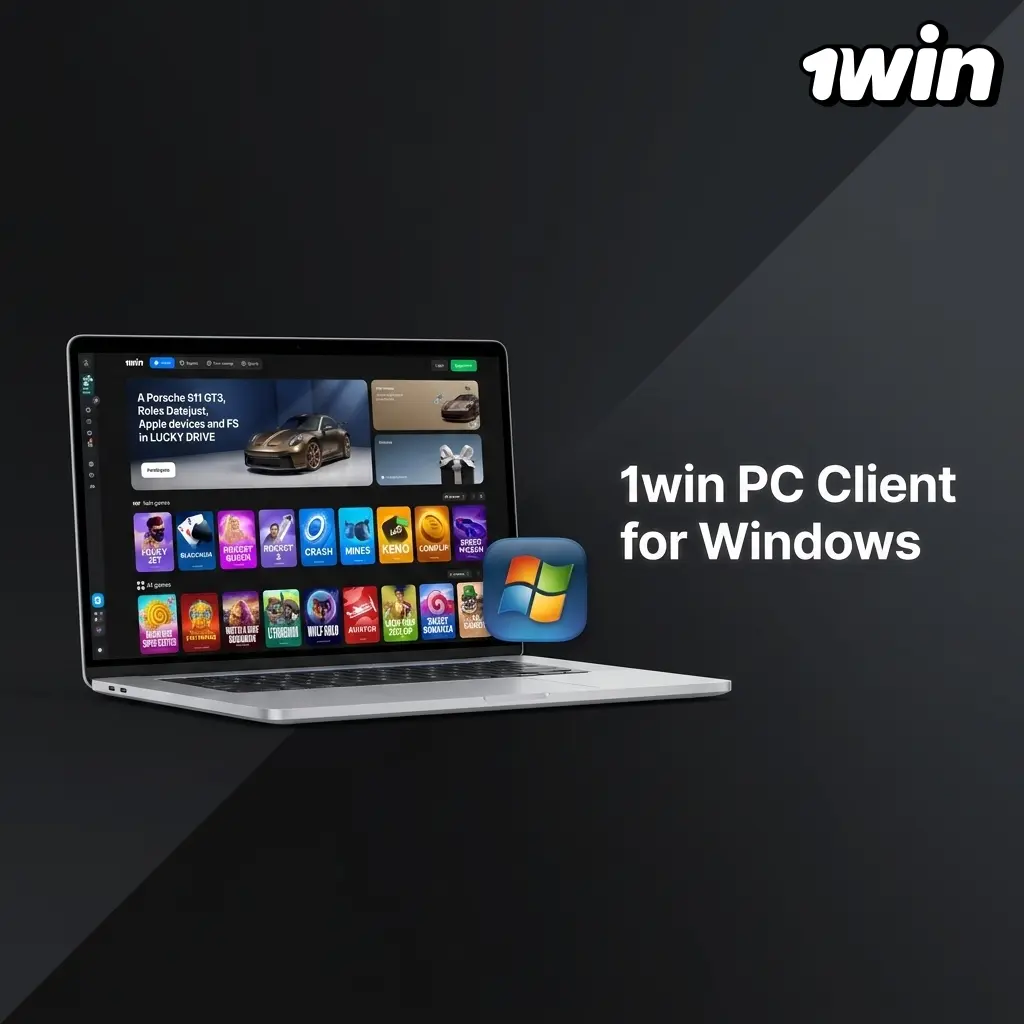1win desktop application for Windows PC showing sports betting and casino games interface