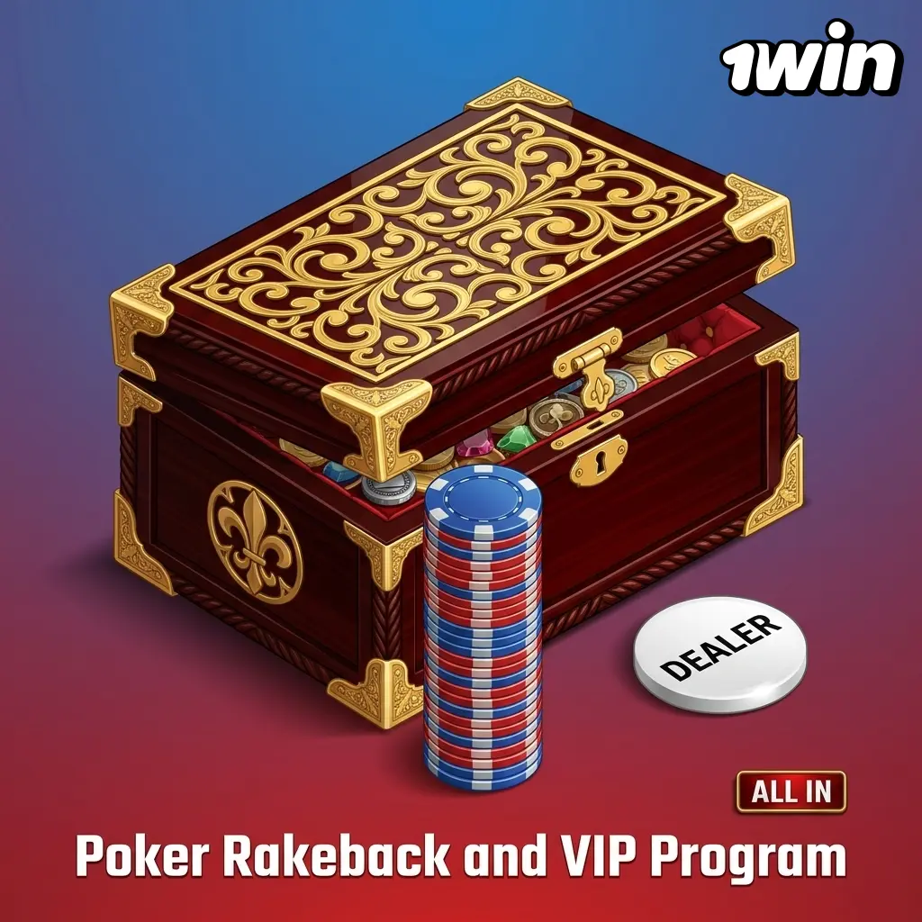 1win poker rakeback VIP program showing tiered rake refund levels up to 50% for high-ranked cash table players