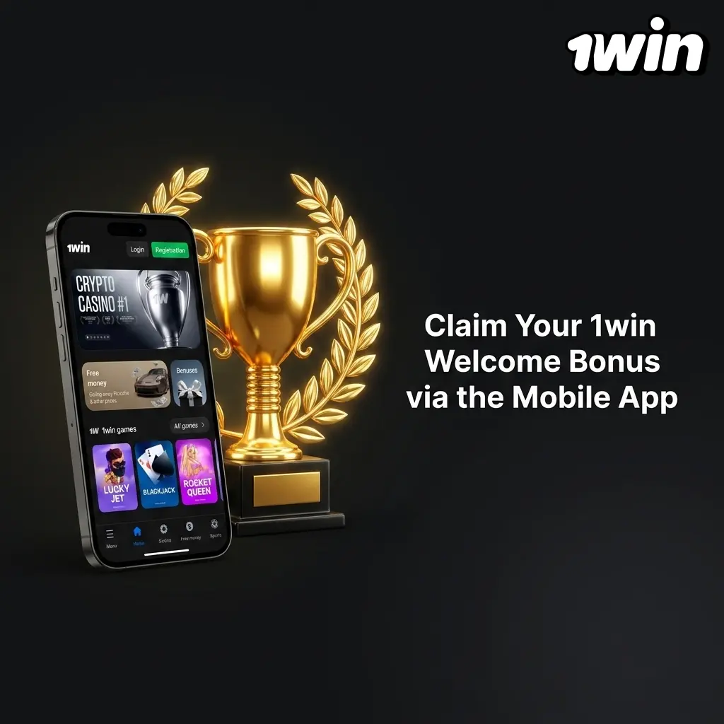 1win mobile app on iOS and Android showing welcome bonus activation for Canadian players with C$1 minimum deposit