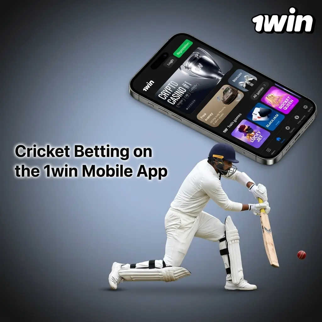 1win mobile app interface showing cricket betting markets and live odds on Android and iOS devices