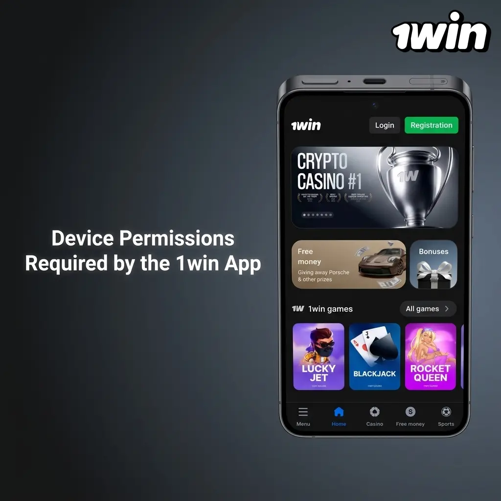 1win app device permissions diagram showing internet, storage, camera, biometric, and notification access requirements