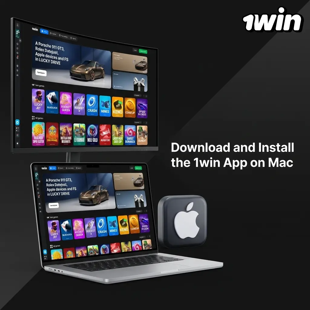 1win Mac app installation steps showing DMG file download, security settings, and drag-to-Applications process on macOS