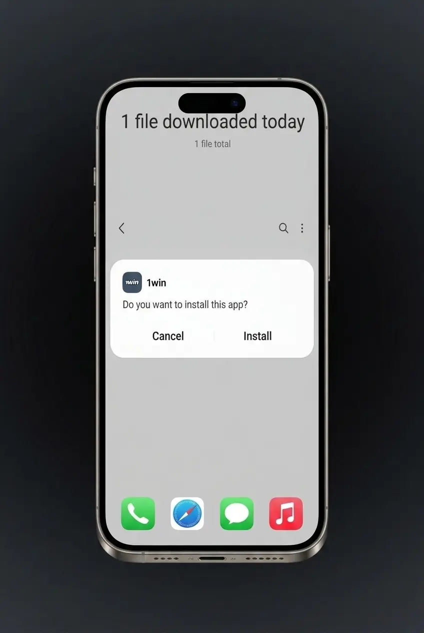 4-step guide to download and install the 1win APK on Android, from tapping the download button to launching the app
