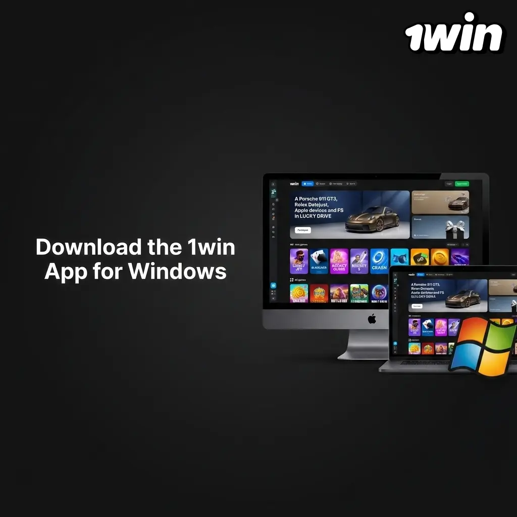 1win Windows app download screen showing installation steps and system requirements for PC betting and casino access