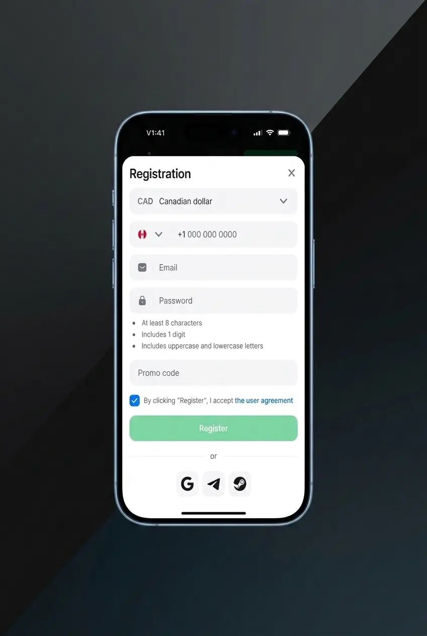 Step-by-step guide to claiming the 1win registration bonus in Canada, showing 6 steps from sign-up to bonus activation