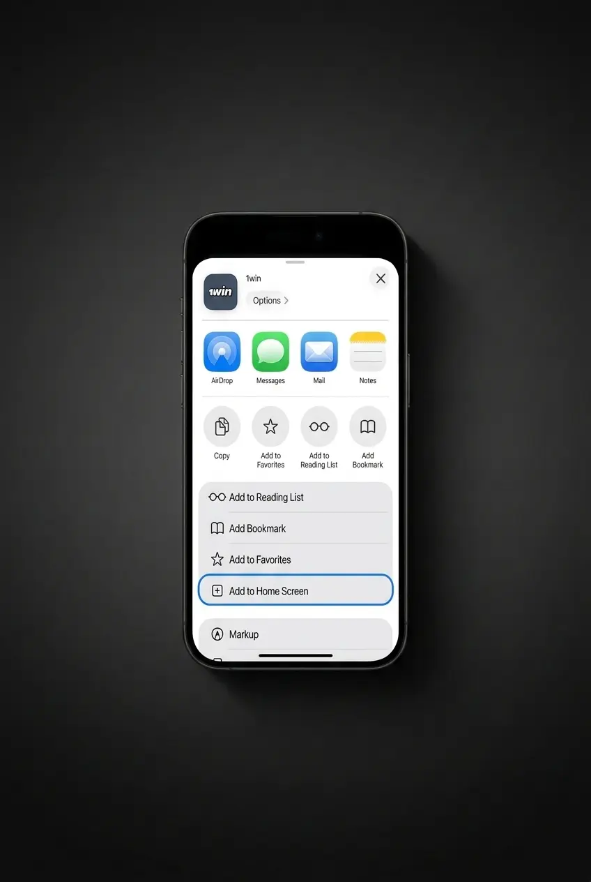 Step-by-step guide to installing the 1win PWA app on iPhone and iPad using Safari's Add to Home Screen feature