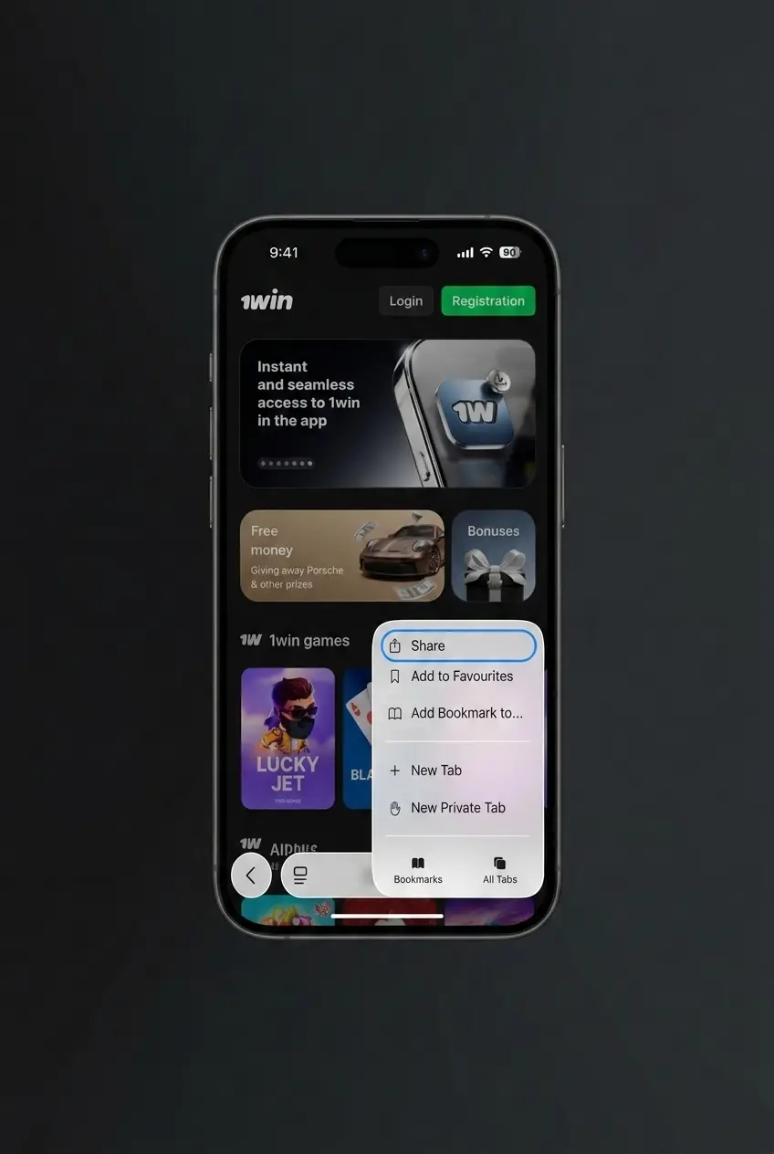 5-step guide to install the 1win PWA on iOS via Safari, from tapping the download link to adding it to your home screen.
