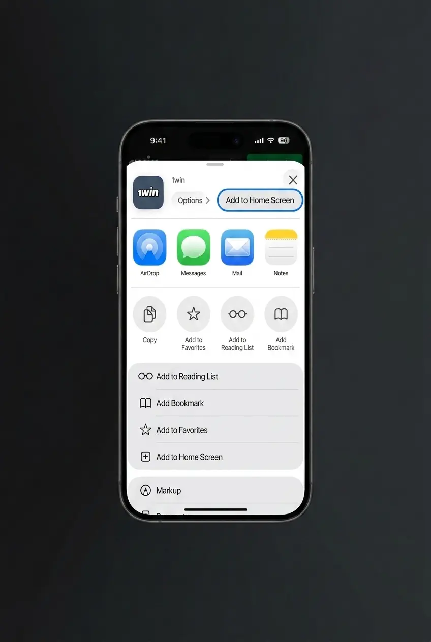 5-step guide to install the 1win PWA on iOS via Safari, showing Share icon and Add to Home Screen steps on iPhone