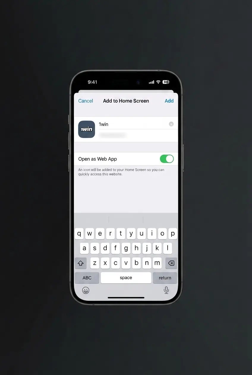 5-step guide to install the 1win PWA on iOS via Safari, from downloading the link to adding it to your iPhone home screen.