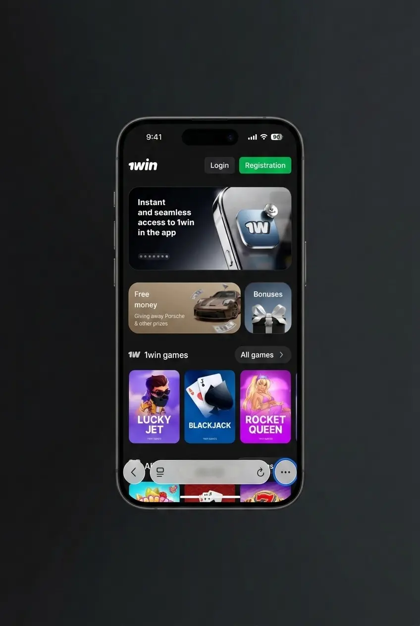 5-step visual guide to install the 1win PWA on iOS via Safari, from opening the link to adding it to your home screen.