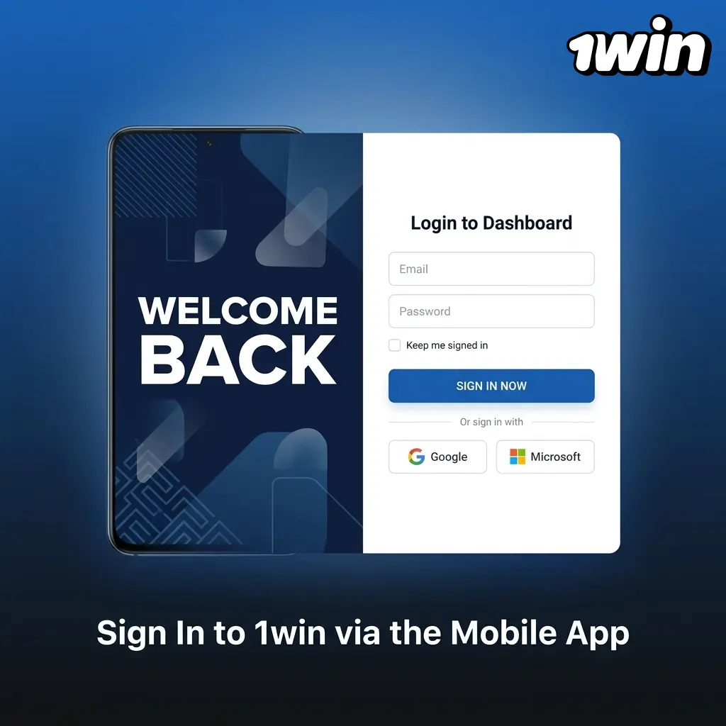 1win mobile app login screen on Android and iOS showing email, password fields and social login options