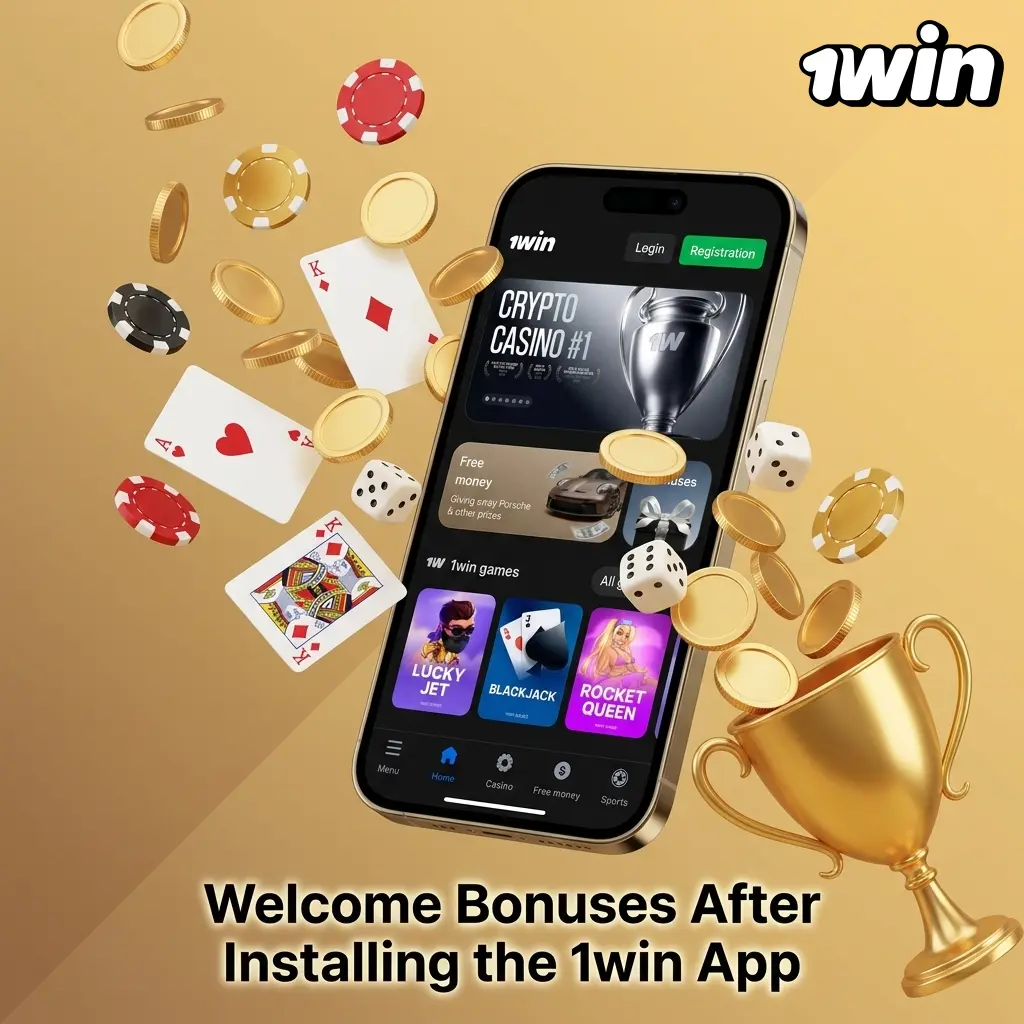 1win app welcome bonus for Canadian players showing 500% first deposit offer up to C$750 for casino and sports betting